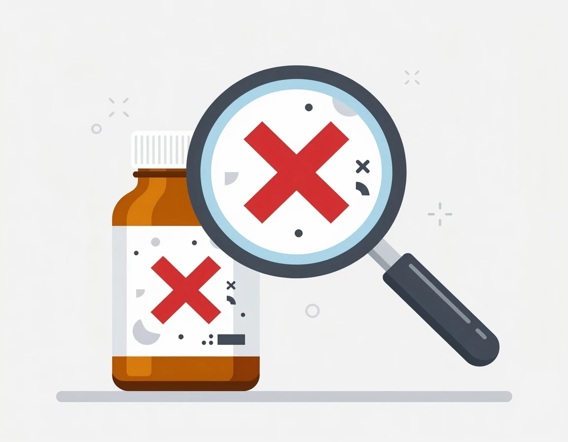 돋보기로 영양제 금지 성분 라벨을 확인하는 모습