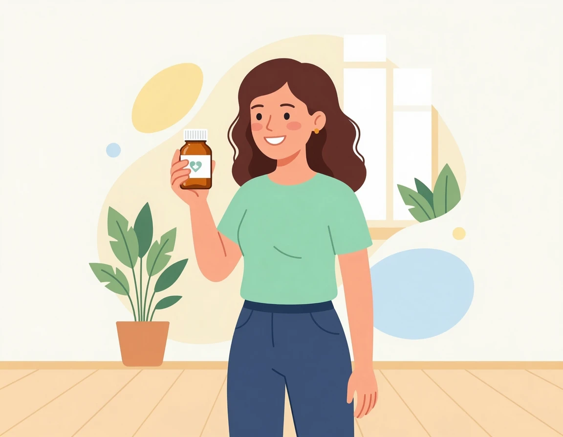 건강기능식품을 들고 기뻐하는 여성 일러스트