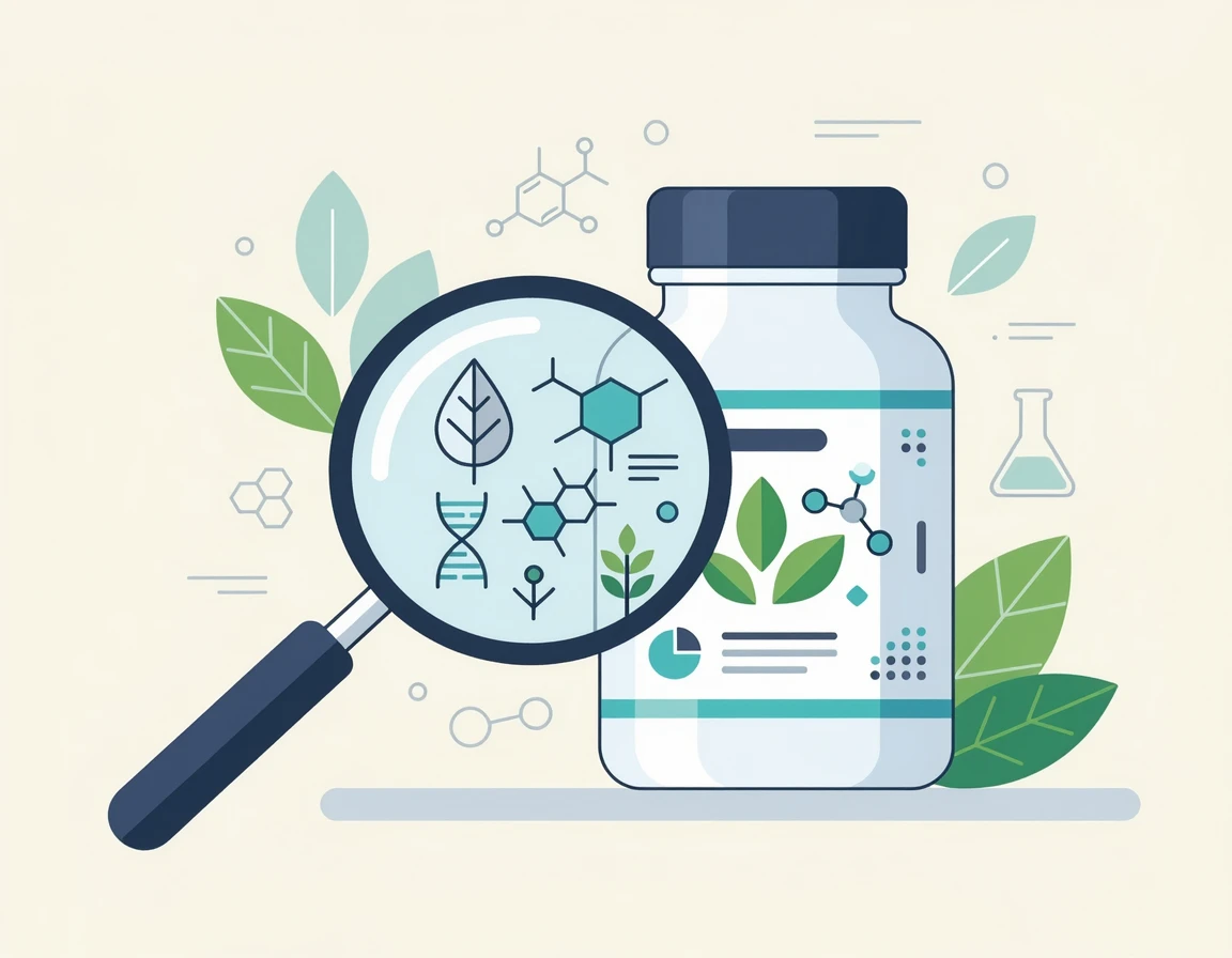 돋보기로 영양제 병을 꼼꼼히 확인하는 일러스트