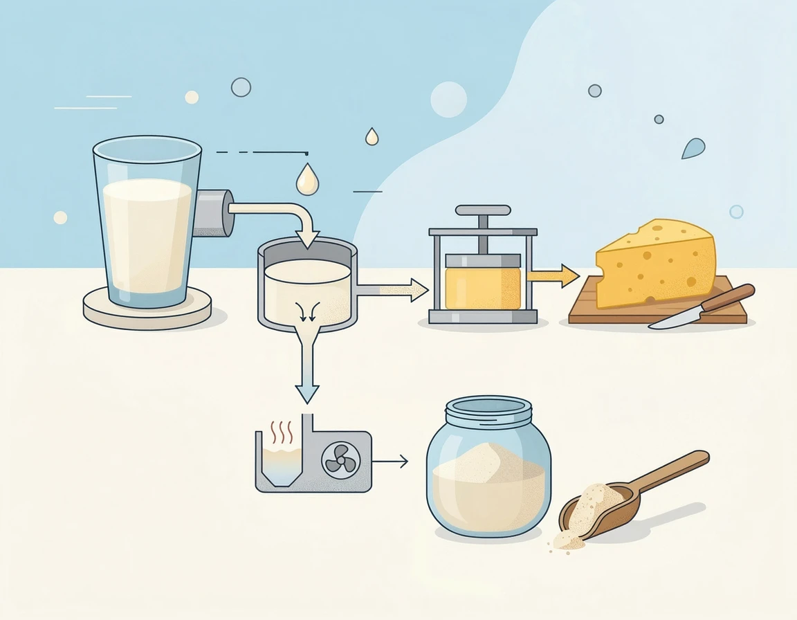 우유에서 유청 단백질이 추출되는 과정을 보여주는 일러스트