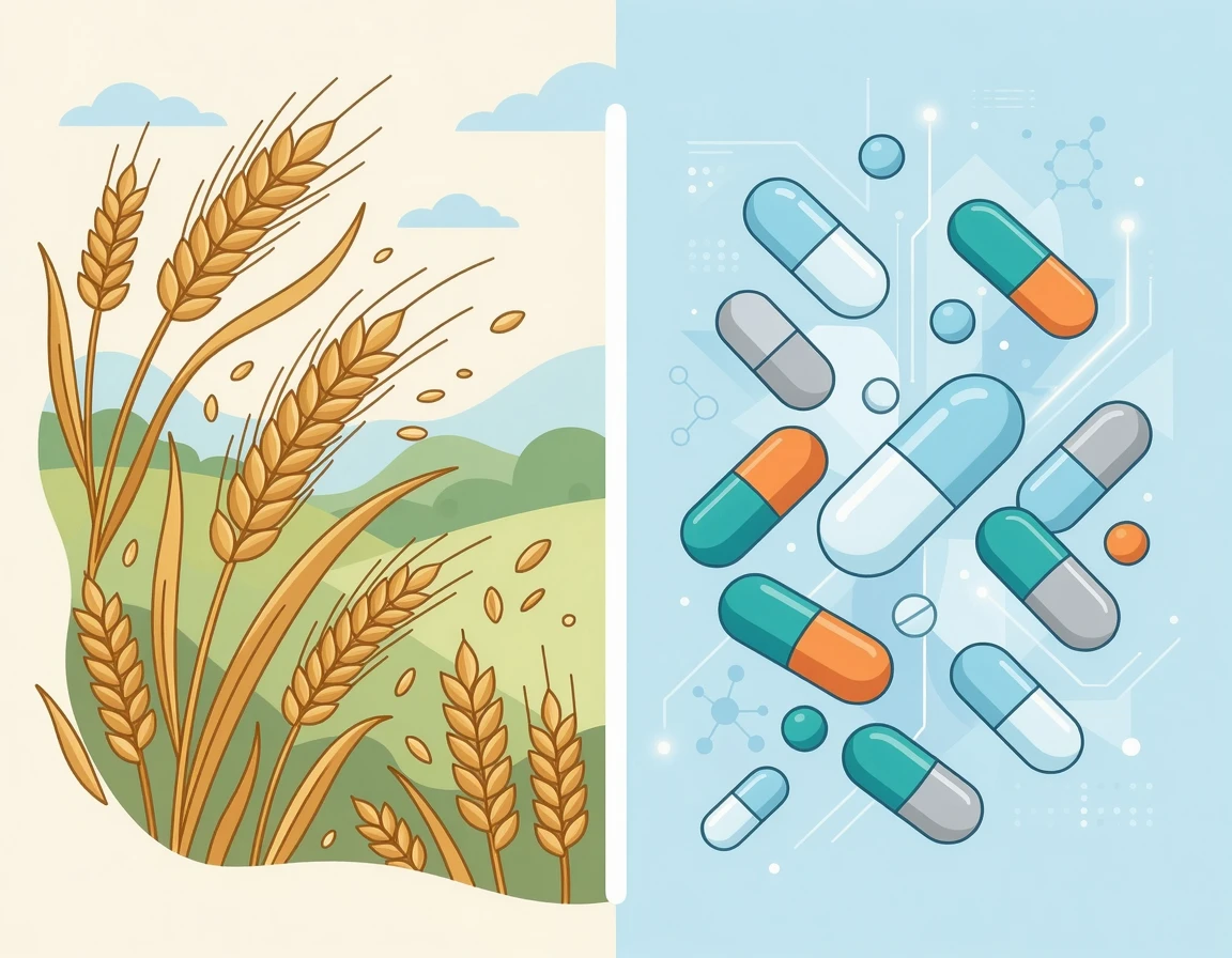 자연 곡물 발효와 인위적 정제 효소의 비교 일러스트