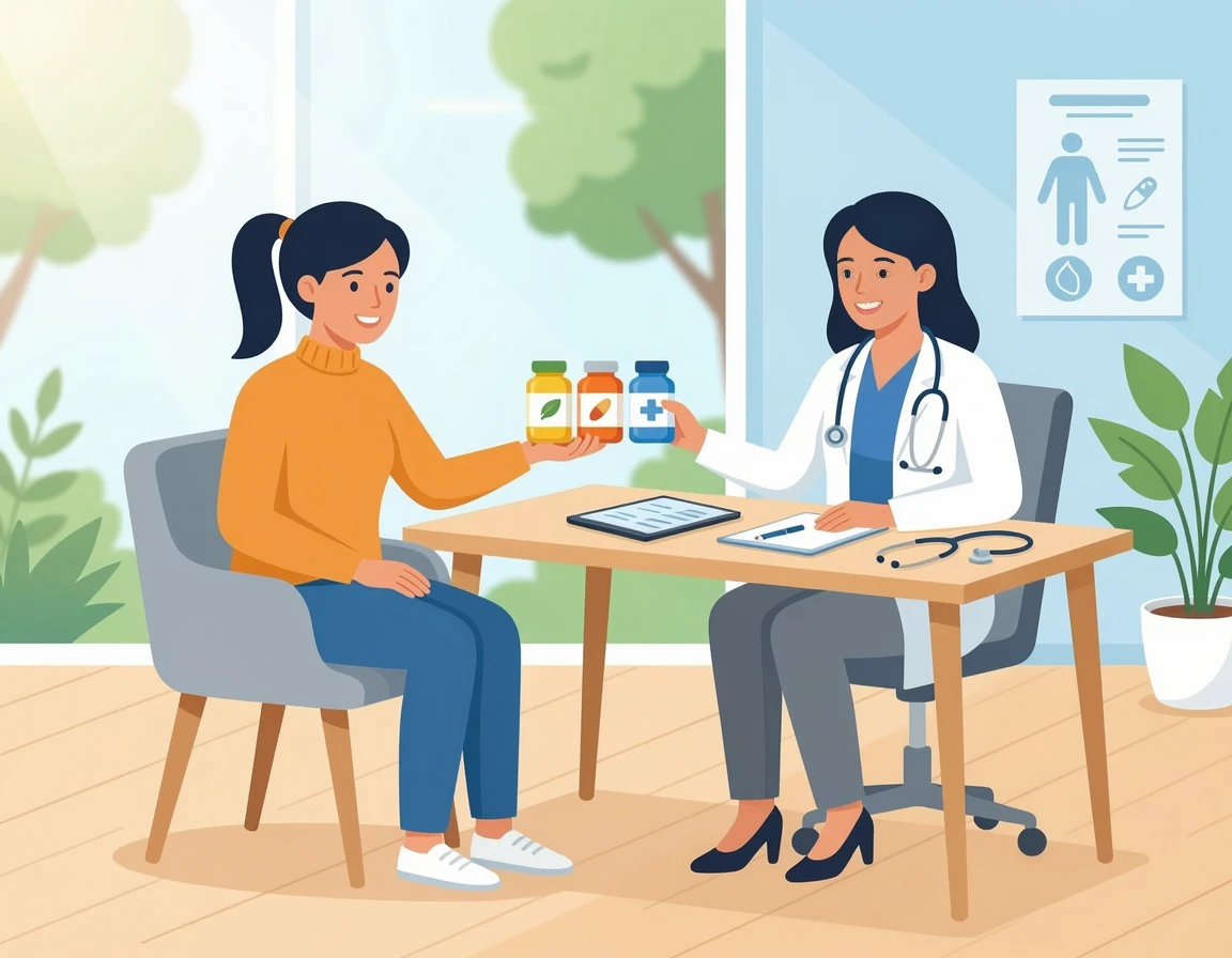 의사에게 영양제를 보여주며 상담받는 환자의 모습