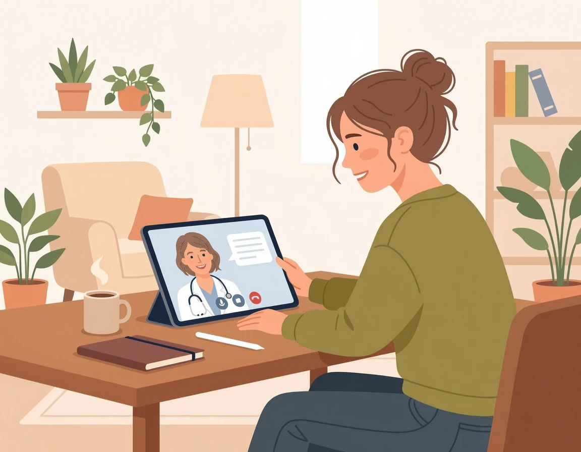 태블릿으로 전문가와 영양 상담을 하는 여성 일러스트