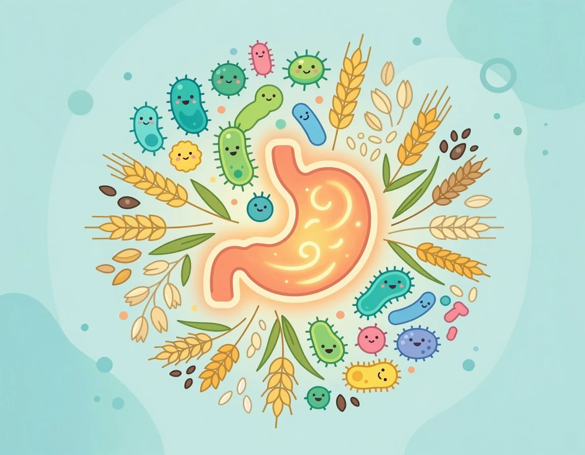 건강한 위장과 유익균, 곡물이 어우러진 일러스트