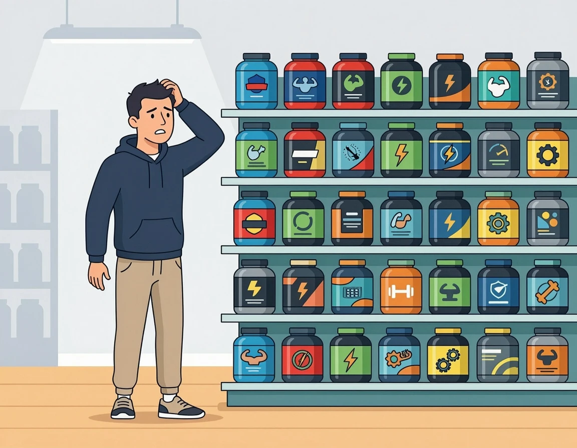 다양한 단백질 보충제 종류 앞에서 고민하는 모습의 일러스트