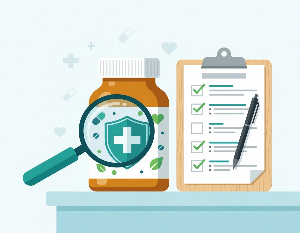 영양제 병과 체크리스트를 돋보기로 확인하는 일러스트