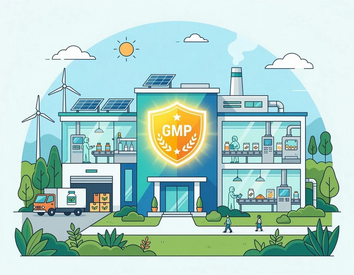 안전하게 영양제를 생산하는 공장과 GMP 쉴드 아이콘