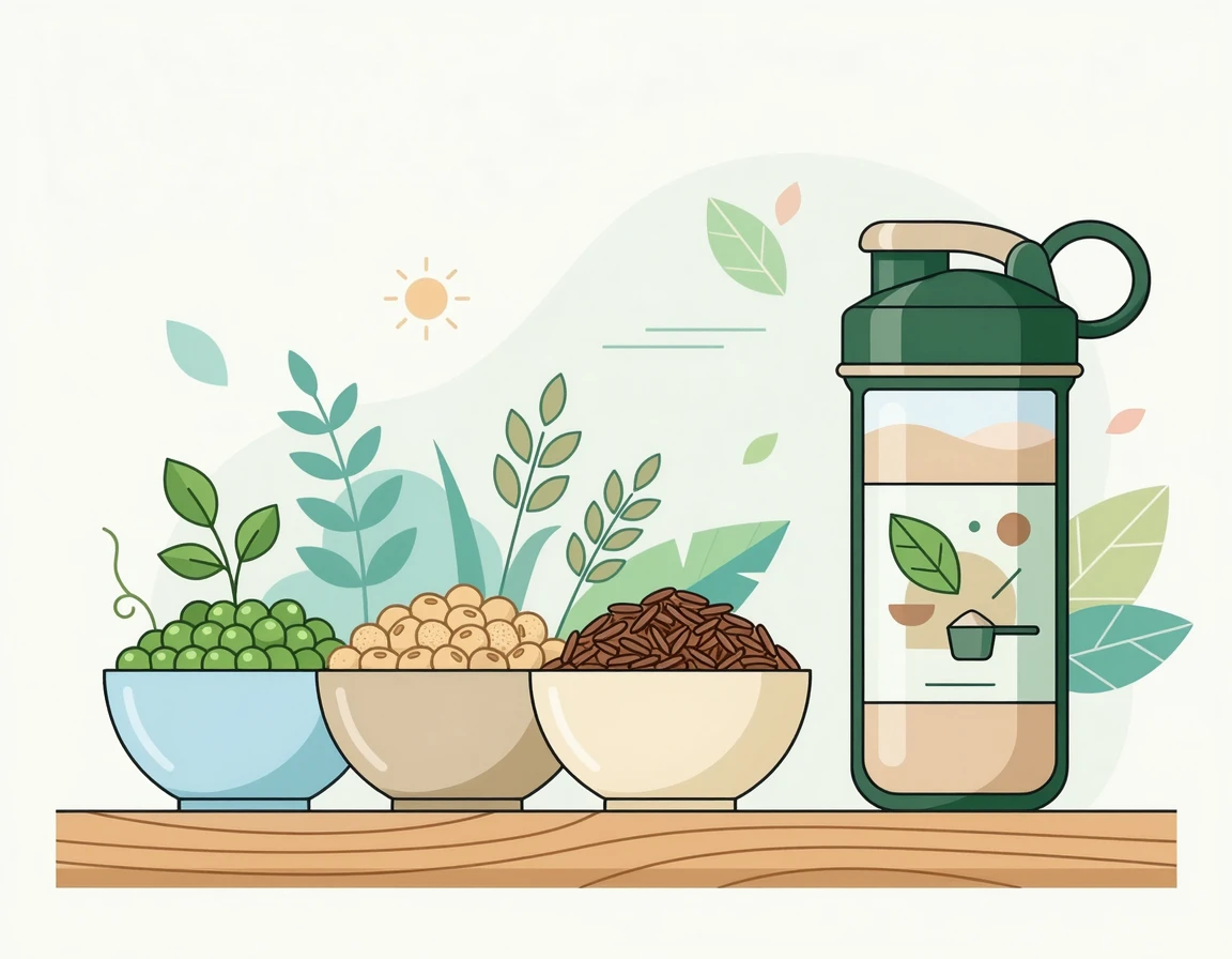완두콩, 대두, 현미 등 식물성 단백질 원료와 쉐이크 일러스트