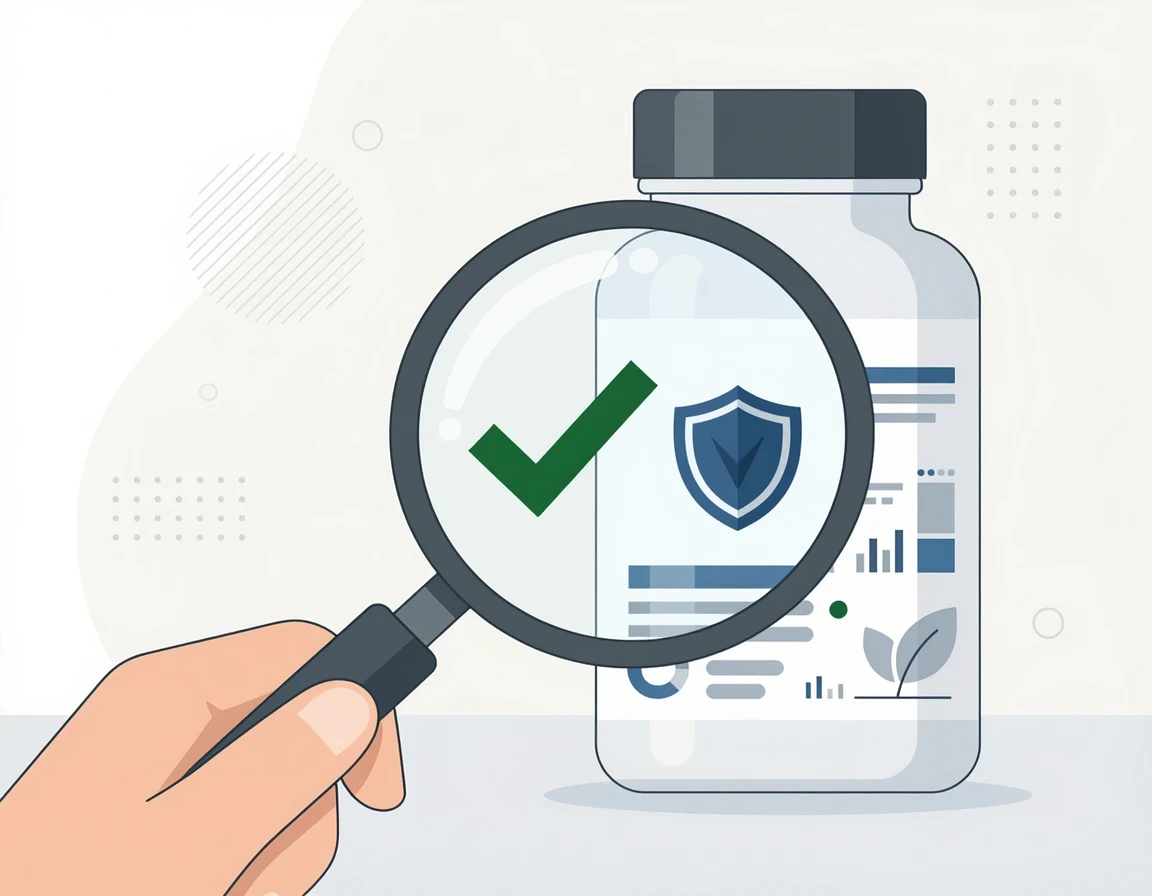 영양제 라벨의 인증 마크를 확인하는 돋보기 일러스트