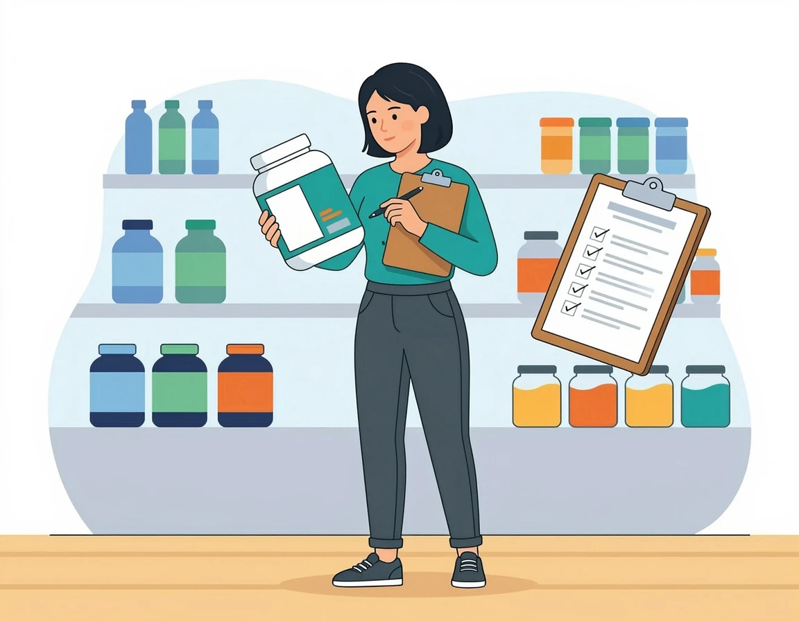 단백질 보충제 성분표를 꼼꼼히 확인하는 사람의 일러스트