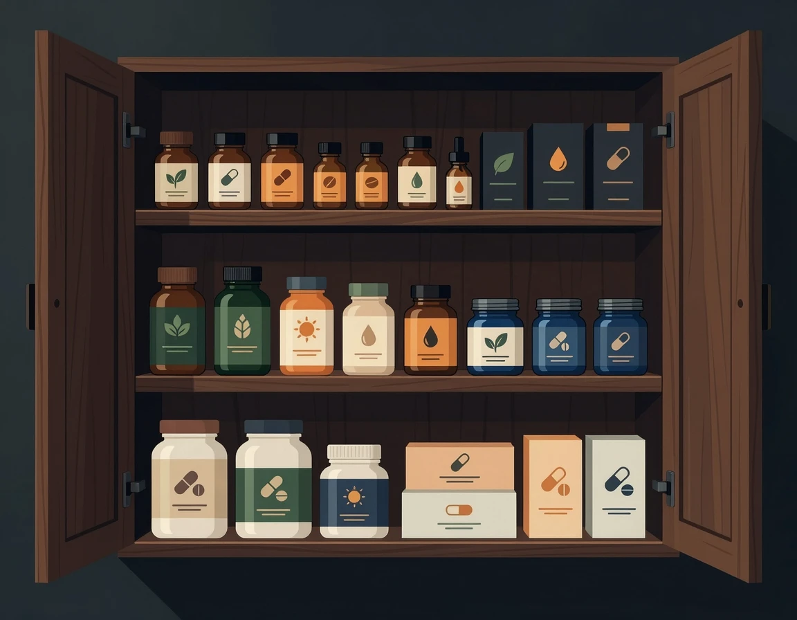 서늘하고 어두운 수납장에 가지런히 보관된 건강기능식품들