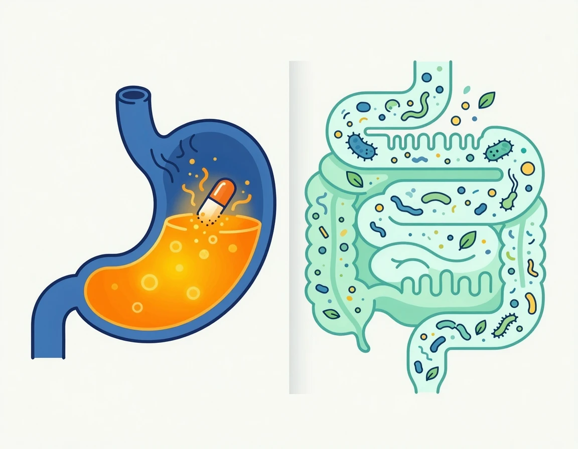 위산 분비와 영양제 흡수 원리 일러스트