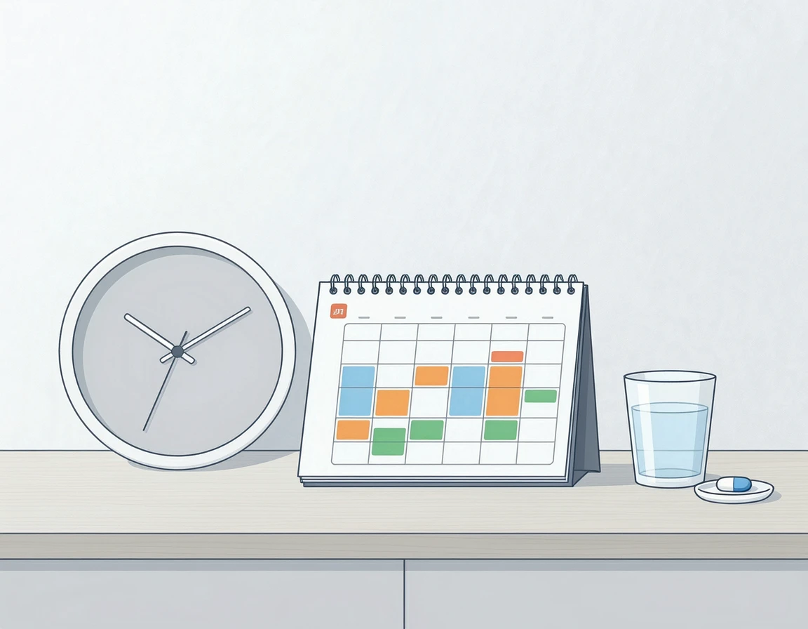 영양제 복용 시간을 나타내는 시계와 달력 일러스트