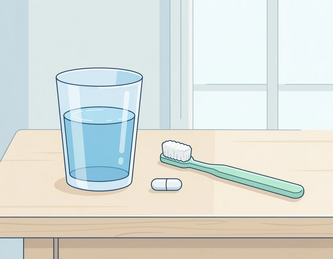 물컵과 영양제, 부드러운 칫솔 일러스트