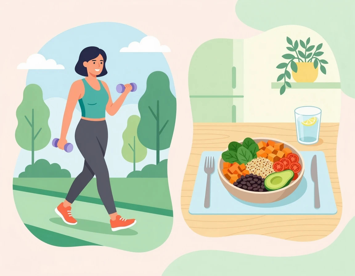 건강한 식단과 가벼운 운동을 실천하는 여성의 일러스트