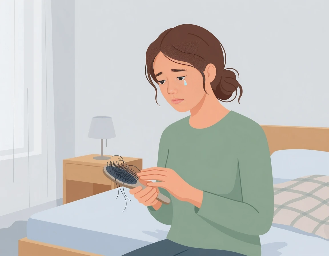 출산 후 빗에 엉킨 머리카락을 보며 우울해하는 엄마 일러스트