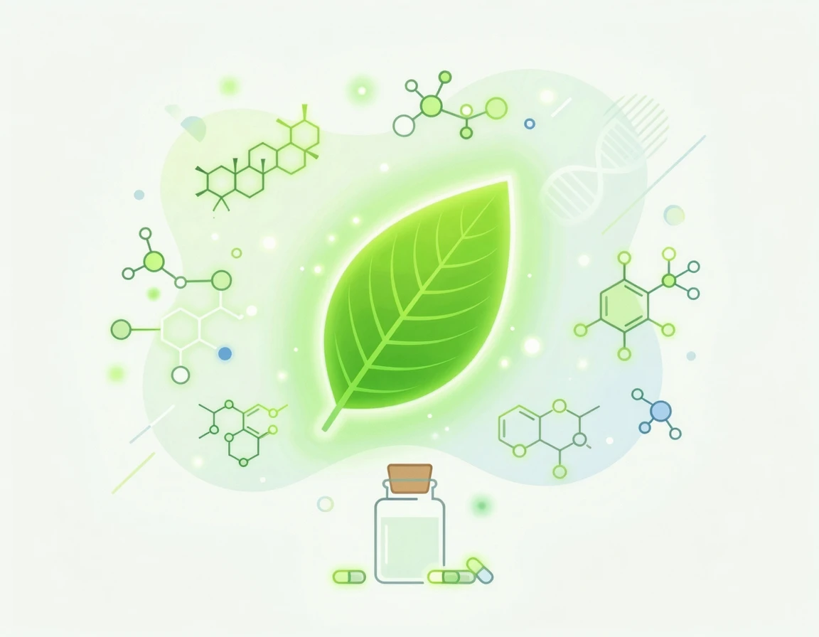 분자 구조와 함께 빛나는 초록색 바나바잎 일러스트