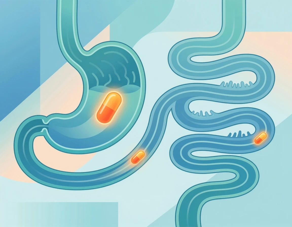 위산을 통과해 장으로 안전하게 이동하는 캡슐 일러스트