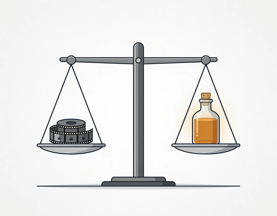 필름형과 액상형 제품을 비교하는 저울 일러스트