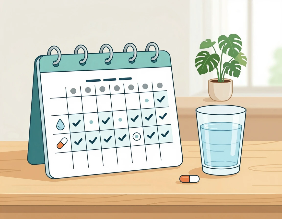 영양제 복용 습관을 보여주는 달력과 물컵 일러스트