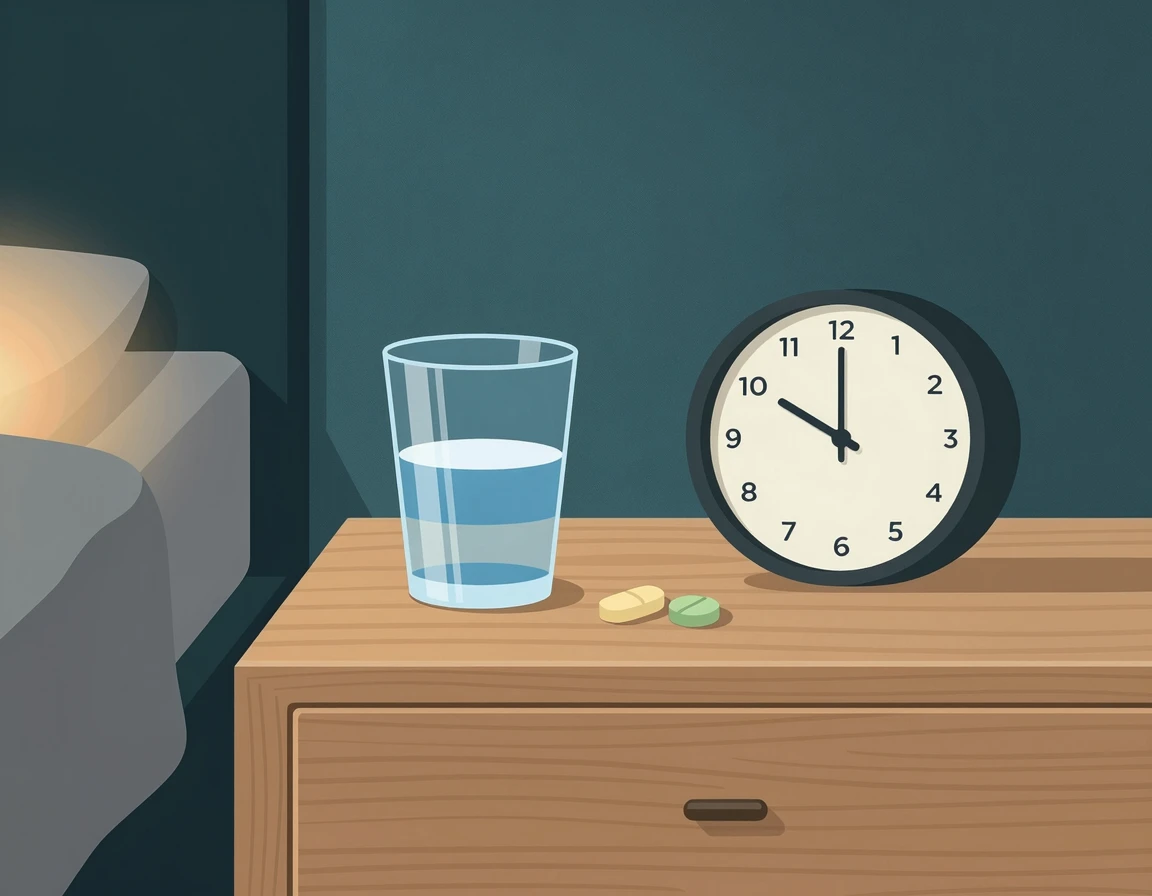 밤 10시 시계와 물 한 잔, 영양제가 놓인 탁자 일러스트