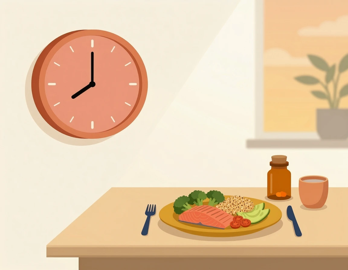 저녁 식사 후 영양제 복용 시간을 안내하는 일러스트