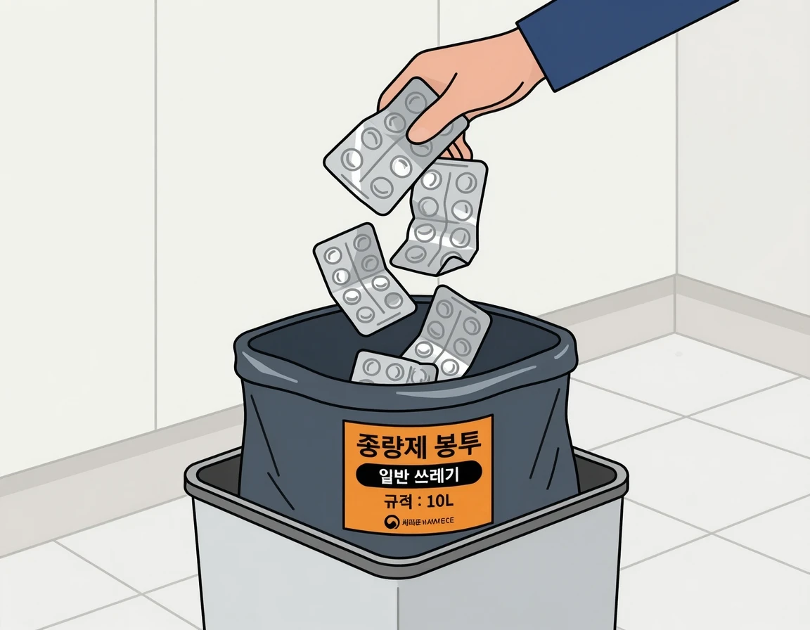 다 쓴 알루미늄 PTP 포장재를 종량제 봉투에 버리는 일러스트