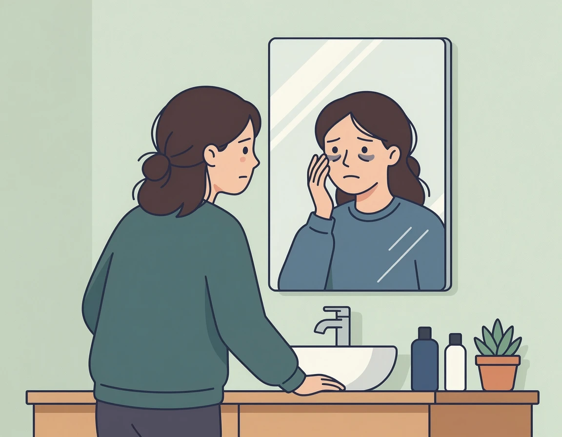 거울을 보며 피로한 얼굴을 확인하는 사람 일러스트