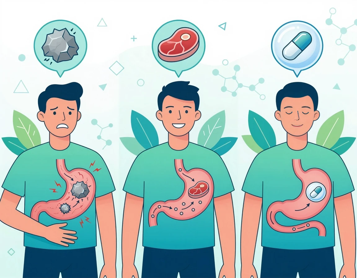 무기철, 헴철, 리포좀 철분의 형태와 흡수 방식 비교 일러스트