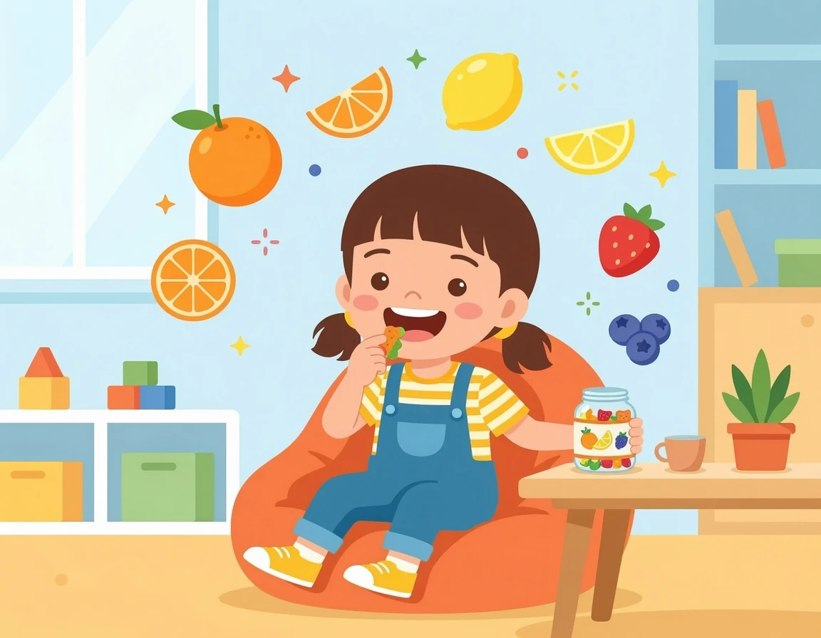과일 맛 비타민을 즐겁게 씹어 먹는 아이 일러스트