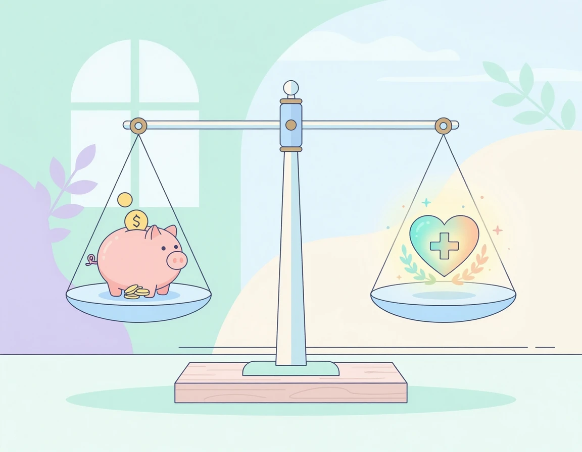 비용과 건강 효과의 균형을 맞추는 저울 일러스트