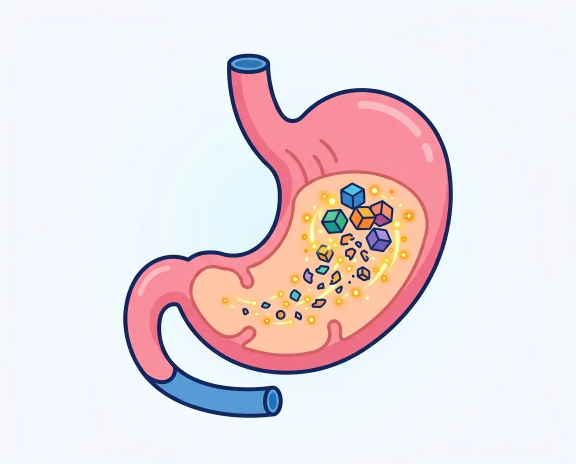 위산과 소화효소가 단백질을 아미노산으로 분해하는 과정을 표현한 일러스트