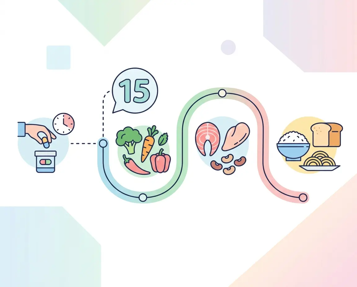 식사 순서와 영양제 섭취 타이밍 타임라인 일러스트
