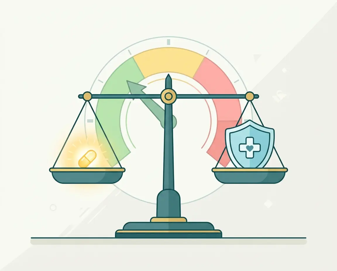 셀레늄의 안전한 복용량과 과잉 섭취 경고를 나타내는 저울 일러스트