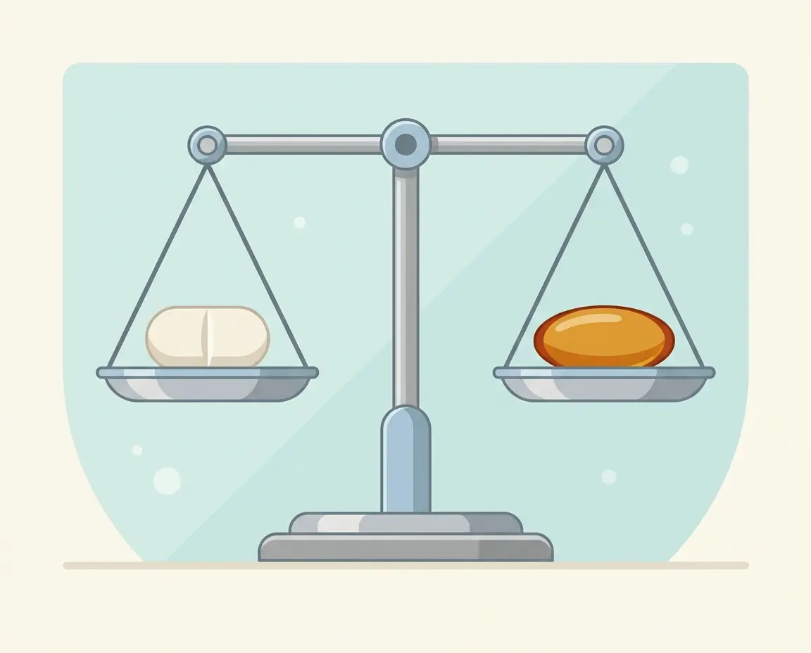 콜레스테롤 약과 코큐텐의 균형을 보여주는 저울 일러스트