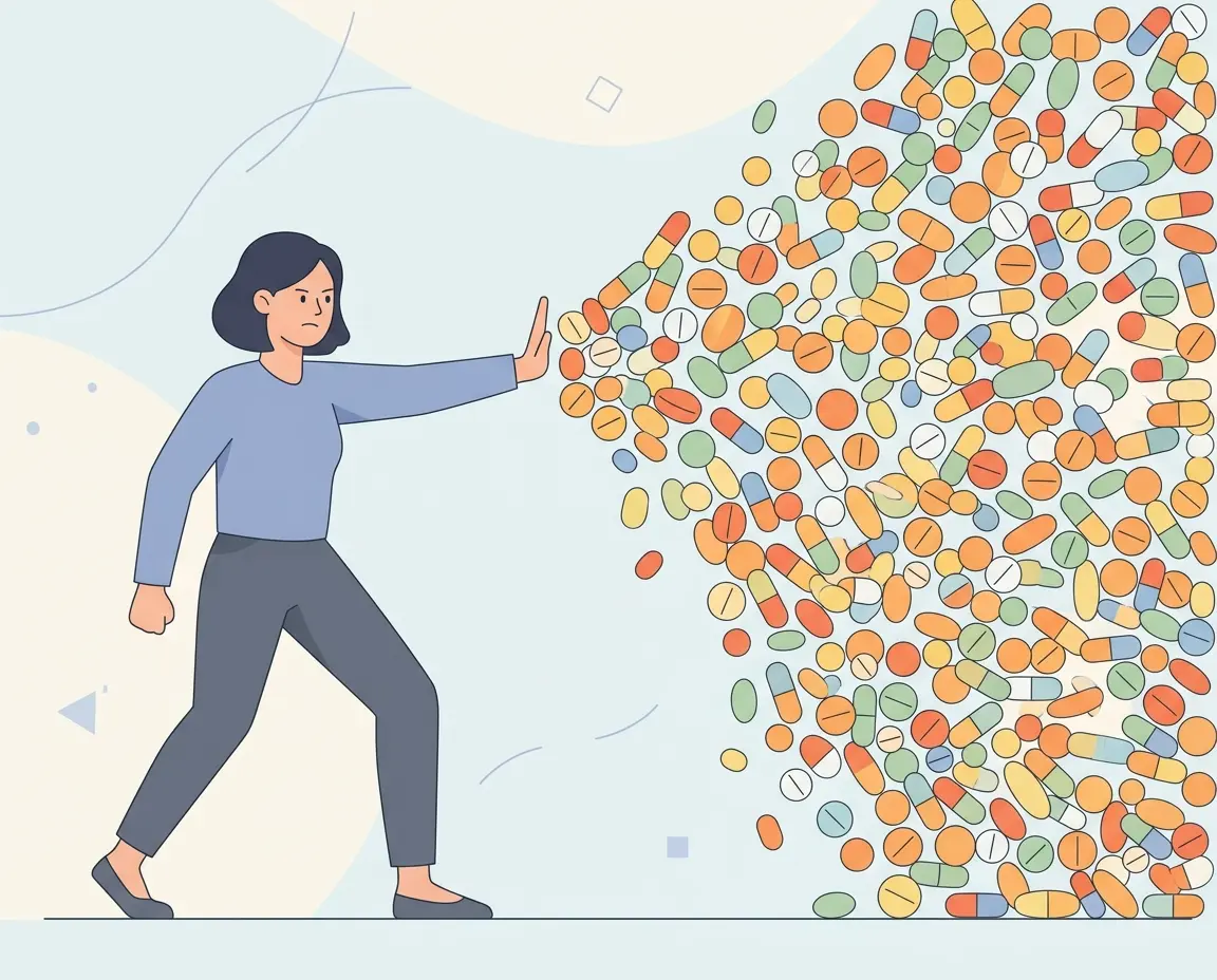 쏟아지는 수많은 알약들을 손으로 막으며 주의를 기울이는 사람의 일러스트