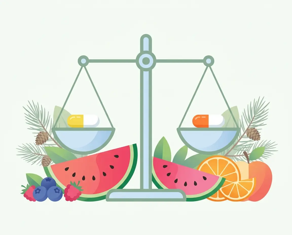 아르기닌과 라이신의 균형 및 수박, 소나무 껍질 등 대체 성분을 표현한 일러스트