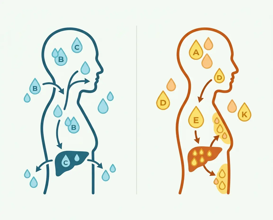수용성과 지용성 영양소의 체내 흡수 차이를 보여주는 일러스트