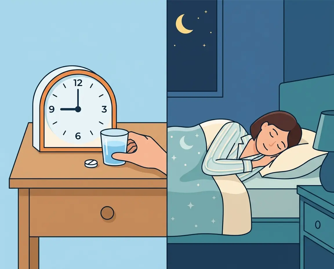 음주 전 영양제 복용과 평온한 수면을 비교하는 일러스트