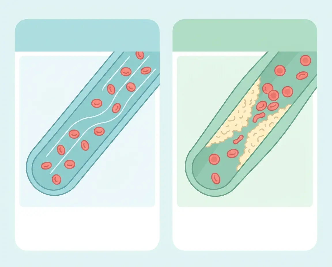 혈관 내 칼슘 농도 변화와 석회화 과정을 보여주는 일러스트